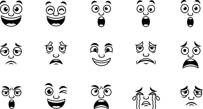 collection of cartoon faces with various emotions on white background