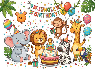 Fototapeta premium Jungle Safari Animals Birthday Party Illustration with Cake