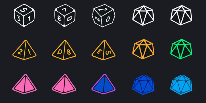 Assorted polygonal dice in varying colors on a black background