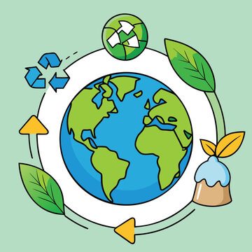Eco-friendly Earth symbol with green leaves and recycle icon