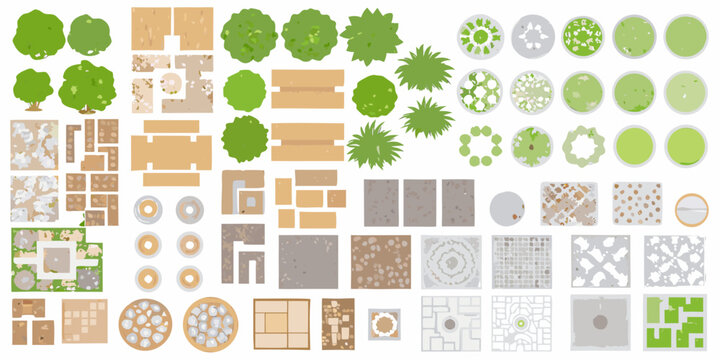 Assorted top down views of trees foliage and garden elements