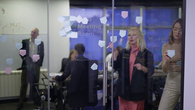 Professionals engage in a dynamic business meeting, collaborating and brainstorming ideas on a glass wall with colorful sticky notes.