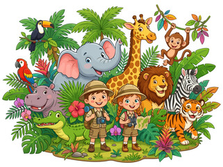 Naklejka premium Kids Safari Adventure with Wild Animals in Jungle