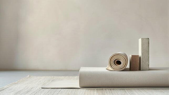 Yoga setup with rolled mat block and wooden cube in serene light room