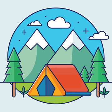 Vector illustration of a camping scene with tent, trees, and mountains