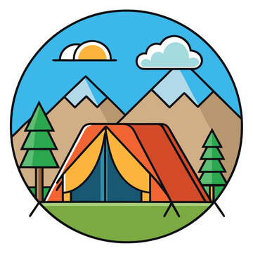 vector illustration of camping adventure with tent and trees in mountains