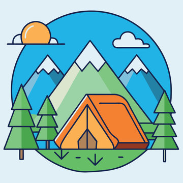 Vector illustration of a tent and trees against a pale blue background