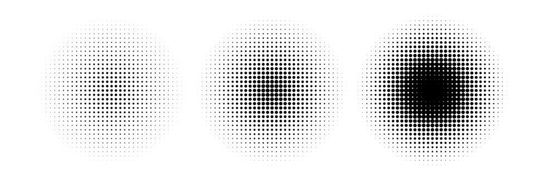 Halftone gradient circles collection. Dots textured round patterns. Cartoon comic radial faded background set. Abstract pixelated elements for frame, poster, collage, banner, flyer. Vector bundle