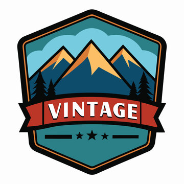 Vintage mountain badge logo with pine trees and sun, outdoor adventure emblem