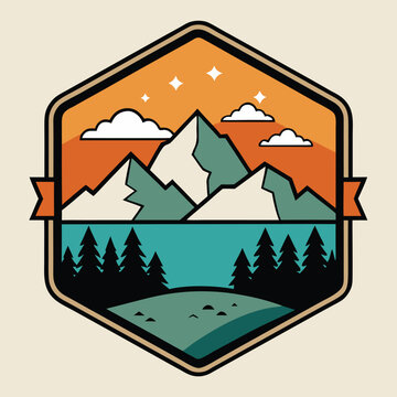 Vintage Mountain Badge Logo with Pine Trees and River