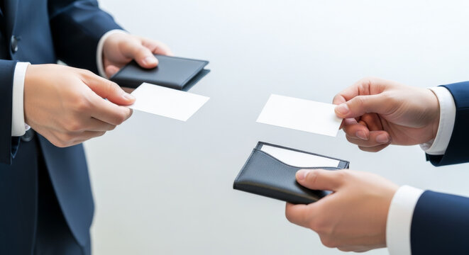 名刺交換するビジネスマン：名刺入れで受ける