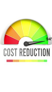 Cost reduction meter showing high values of cost reduction. Increasing and rising cost reduction, reaching full, off the charts. Maximum amount of cost reduction. No AI, made by humans for humans.