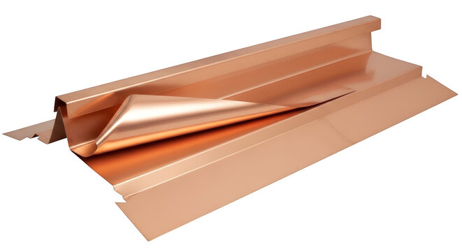 Copper roof flashing profile, metallic architectural building component, industrial copper metal sheet for roofing and waterproofing construction isolated on Transparent Background