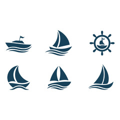 Fototapeta premium Collection of nautical and sailing vessel icons with a ship wheel emblem