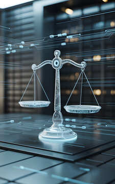 Glowing digital justice scales icon floating over server room background representing legal technology cyber law artificial intelligence ethics and electronic court system concepts