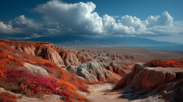 Colorful rocky desert landscape with mountains in the background with big white clouds