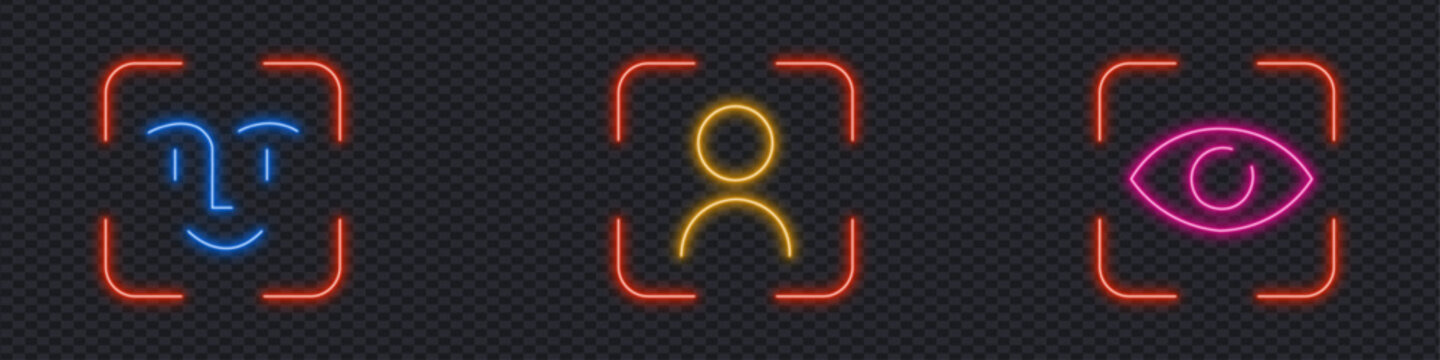 Neon Biometric face, person, and eye scanning recognition icons on transparent background. Digital identity, cybersecurity, and data protection concept. Vector Illustration.