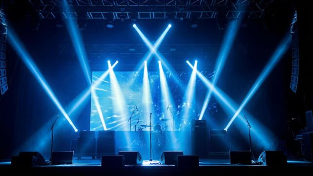Stage lighting concert atmosphere with intense blue beams piercing through haze, dynamic performance setup for musical events and