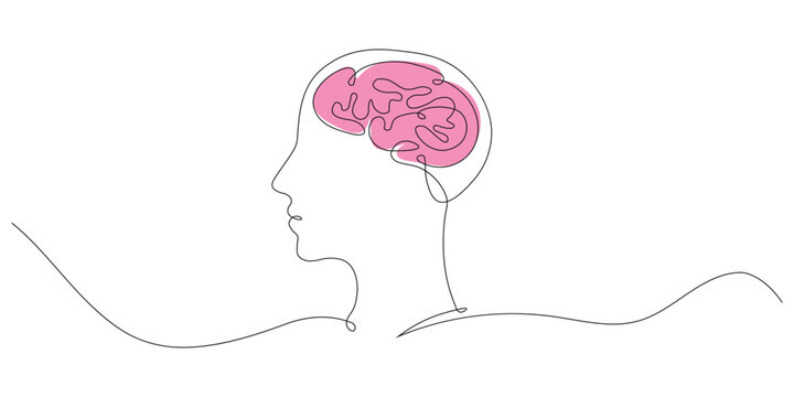 Continuous one line drawing of human head profile with pink brain. Mental health awareness, psychology, and cognitive intelligence concept. Vector Illustration.