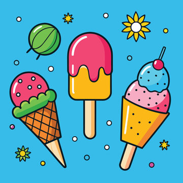 vibrant summer ice cream vector set with colorful scoops and toppings