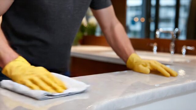 Artistic close-up of gloved hands polishing the smooth surface of a new bathtub, glossy acrylic reflecting faint chrome fixture highlights, soft diffused lighting, final finishing