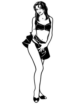 Pin Up Girl Up Skirt. Black and white vector clipart in pop art style.