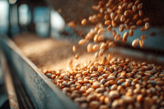 High detail grain kernels falling into sorter bins on mobile unit with selective focus