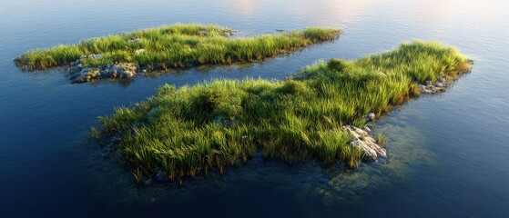 Obraz premium Serene Water Grass Islands Scene silhouette vector illustration eps
