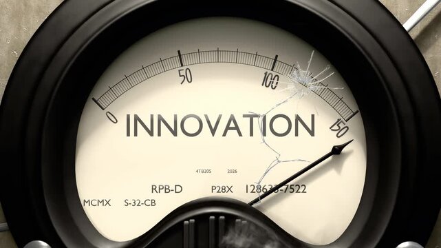 Innovation meter showing big levels of innovation. Dangerously increasing high values of innovation, critical overload. Too much, off the charts. Max innovation
