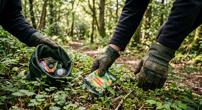 Close-up of hands collecting trash in forest, emphasizing environmental awareness, sustainability, and volunteer cleanup action.