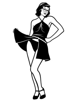 Up Skirt Pin Up Girl. Black and white vector clipart in pop art style.