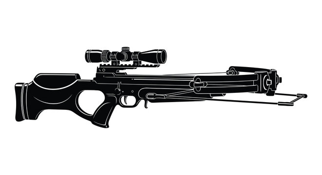A detailed black and white depiction of a modern crossbow with a scope presented as a striking silhouette high quality professional