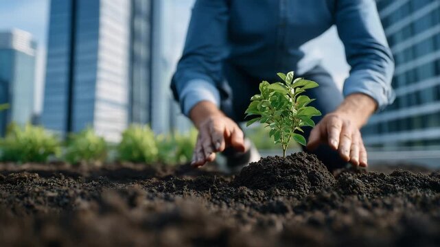 Close-up of faceless hands stabilizing a cherry sapling in freshly dug soil, bright green earth contrasting with smooth modern building walls in the background, sunlight illuminati