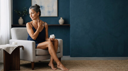 Naklejka premium Mature woman applying body cream at home, self care routine, wellness and skincare concept with copy space