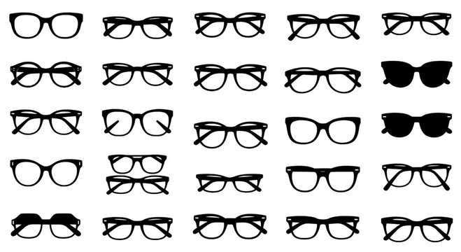 Glasses set with various shapes and styles in black silhouette on white background featuring eyeglasses, sunglasses, spectacles with eye wear and