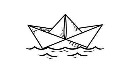 Minimalist black line vector icon of a folded paper boat floating on water waves, hand-drawn sketch style illustration on a white background, clean scalable graphic for web and print design. © Uzzal