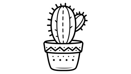Minimalist black line vector illustration of a small cactus in a decorative pot. Hand-drawn doodle icon on white background, perfect for web design, gardening apps, and nature-themed graphics. © Uzzal