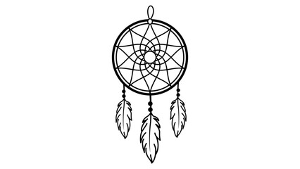 Minimalist black line vector icon of a dreamcatcher with intricate webbing and hanging feathers, hand-drawn outline illustration isolated on white background for spiritual and boho decor. © Uzzal