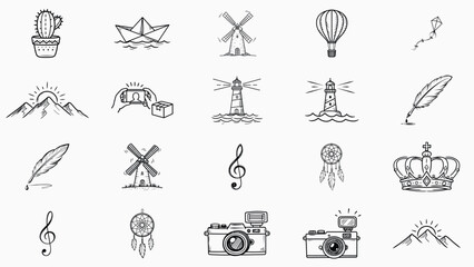 Hand-Drawn Vector Icon Set of 20 Minimalist Black Line Illustrations: Cactus, Dreamcatcher, Vintage Camera, Crown, Quill Pen, Kite, Hot Air Balloon, Lighthouse, Paper Boat, Mountains, Music, Windmill © Uzzal