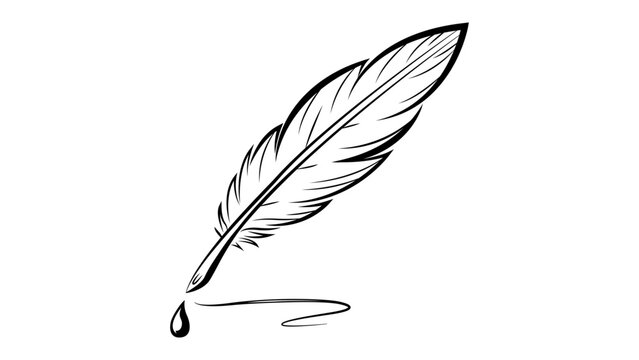 Minimalist black line vector illustration of a hand-drawn feather quill pen with an ink droplet and a signature line, ideal for classic writing, literature, and historical design elements.