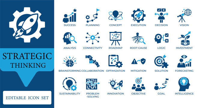 Strategic Thinking and Business Management Icons. Featuring planning, vision, goal achievement, and problem solving symbols. Editable vector set for professional reports.
