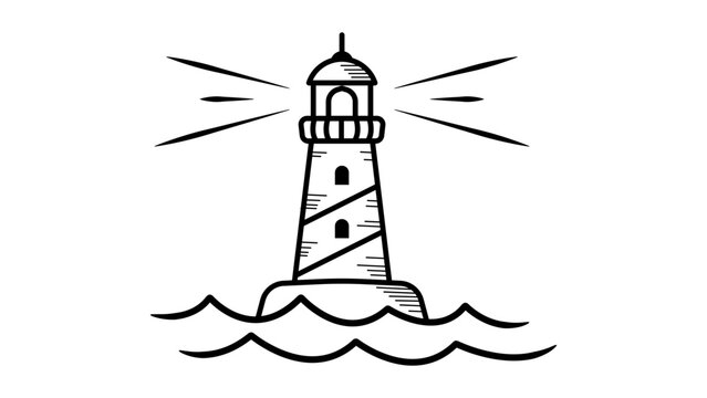 Minimalist black line vector icon of a lighthouse beacon standing in ocean waves, hand-drawn sketchy style illustration on white background, scalable SVG for nautical and maritime design.