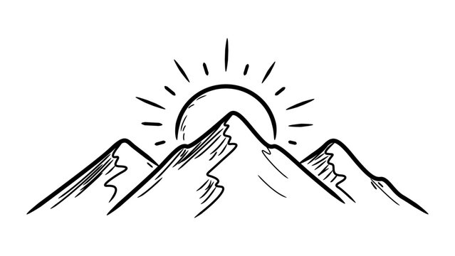 Minimalist black line vector illustration of mountain peaks with a rising sun on a white background. Hand-drawn sketchy style icon representing nature, travel, adventure, and outdoor landscape.