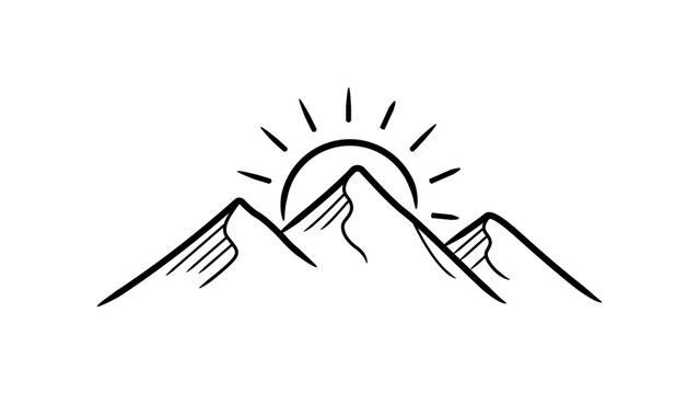 Minimalist black line vector icon of mountain peaks with a rising sun, hand-drawn illustration on a white background, scalable graphic for nature, travel, adventure, and outdoor branding designs.