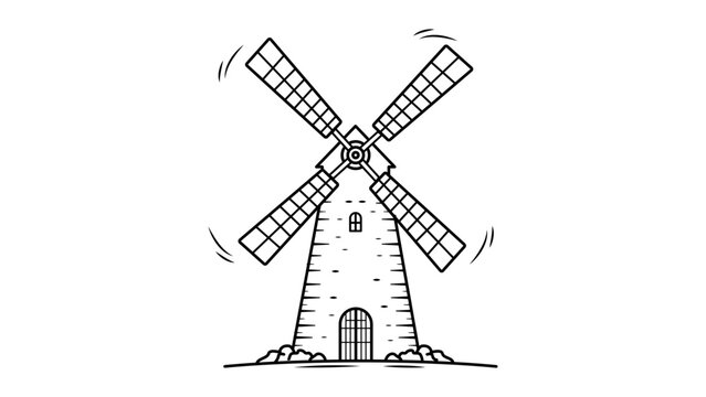 Traditional windmill vector icon illustration, minimalist black line art on white background. Hand-drawn sketch of a classic rural mill with rotating sails, perfect for rustic or green design.