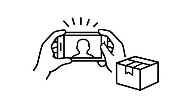 User Generated Content UGC Vector Icon Illustration: Minimalist Black Line Art of Hands Holding a Smartphone Taking a Photo or Video of a Delivery Box for Social Media Marketing and Reviews.