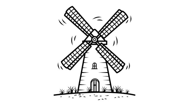 Minimalist black line vector icon illustration of a traditional stone windmill with rotating sails, hand-drawn sketchy style on a white background, perfect for rural, farming, and energy designs.