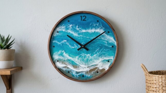 Ocean resin wall clock mounted on neutral wall interior