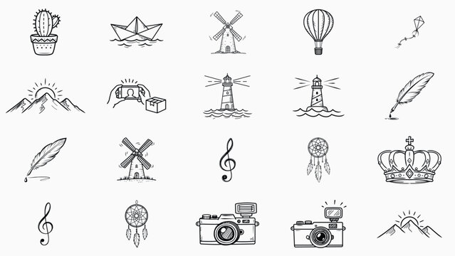 Hand-Drawn Vector Icon Set of 20 Minimalist Black Line Illustrations: Cactus, Dreamcatcher, Vintage Camera, Crown, Quill Pen, Kite, Hot Air Balloon, Lighthouse, Paper Boat, Mountains, Music, Windmill