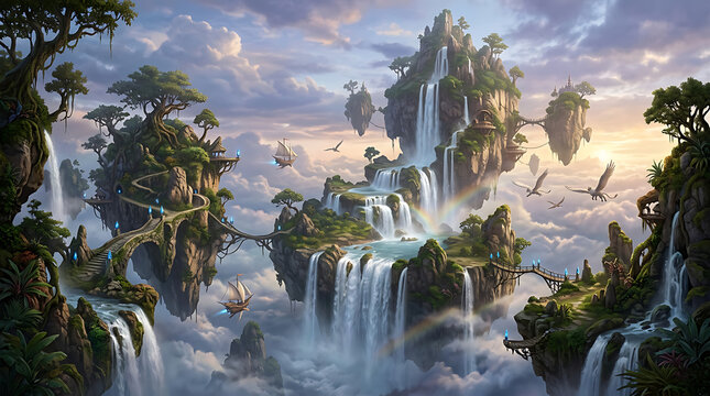 Enchanting World of Majestic Floating Islands with Cascading Waterfalls and Lush Greenery in a Dreamlike Sky, an Epic 8k Wallpaper Landscape